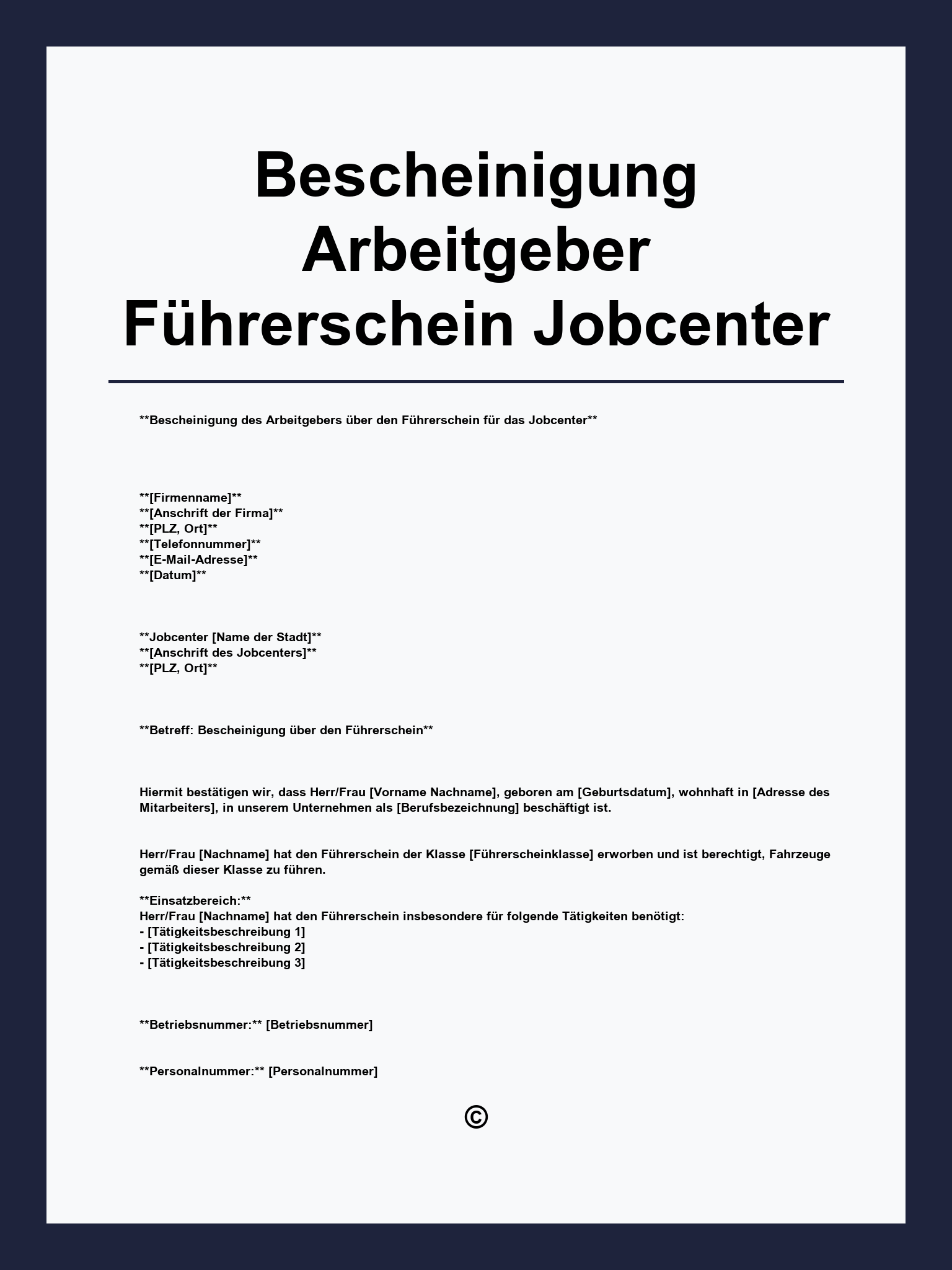 Bescheinigung Arbeitgeber Führerschein Jobcenter